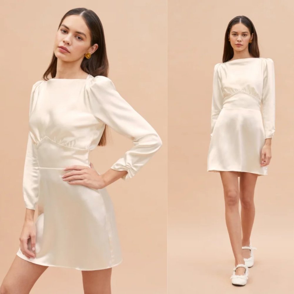 Reformation Rudi Silk Mini Dress Ivory Keyhole Tie At Back Puffed Shoulder Sz 6